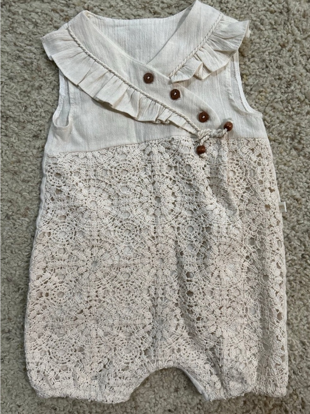 Neutral Crochet Baby Girl Romper with Ruffle Collar